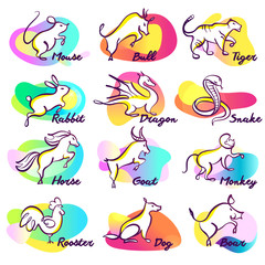 Set of twelve lunar zodiac horoscope sign. Concept chinese happy new year