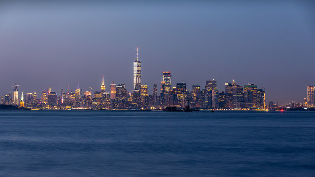 Long exposure photo of a Lower Manhattan skyline taken moments after sunset from Staten Island