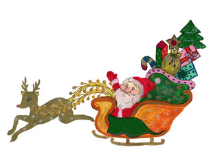 Watercolor Santa Claus illustration reindeer on white background