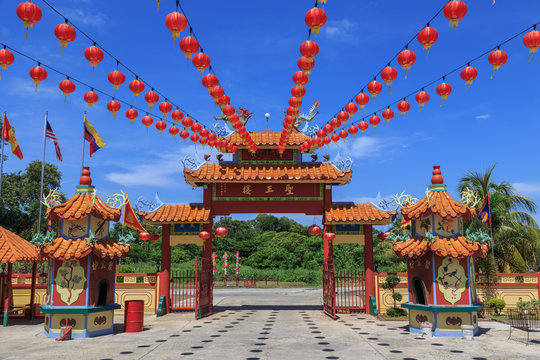 Beautiful Chinese Temple With Red Lantern Hanging Ready For Chinese New Year Festival With The Clear Blue Sky