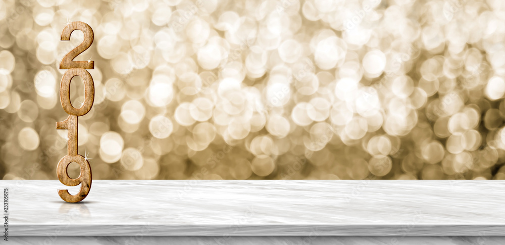 Poster happy new year 2019 (3d rendering) on grey marble table at gold sparkle bokeh abstract background,mo