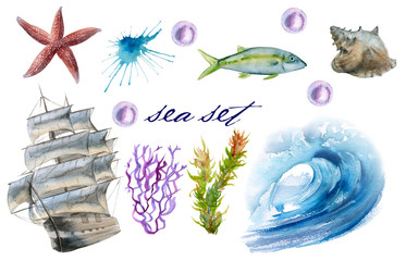 set with sea elements. ship, wave, algae. Isolated on white background. 