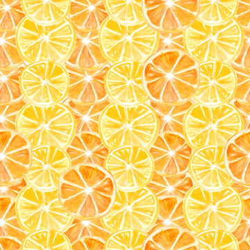 Watercolor painting, vintage seamless pattern - tropical fruits, citrus, slices of lemon, orange, grapefruit. Citrus marmalade, slices. Yellow, orange, red. Fashionable stylish art background.