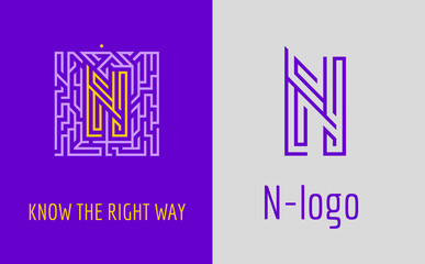 N letter logo maze. Creative logo for corporate identity of company: letter N. The logo symbolizes labyrinth, choice of right path, solutions. 