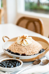 milk tea ice shave with black bubble and black grass jelly