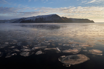 View of Lake Baikal ice in january