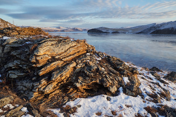 Layered stone on the baikal shore