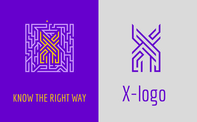 X letter logo maze. Creative logo for corporate identity of company: letter X. The logo symbolizes labyrinth, choice of right path, solutions. 