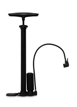 clipping path, a vertical black bicycle hand pump isolated on white background