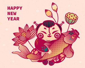 Chinese paper art child holds carp