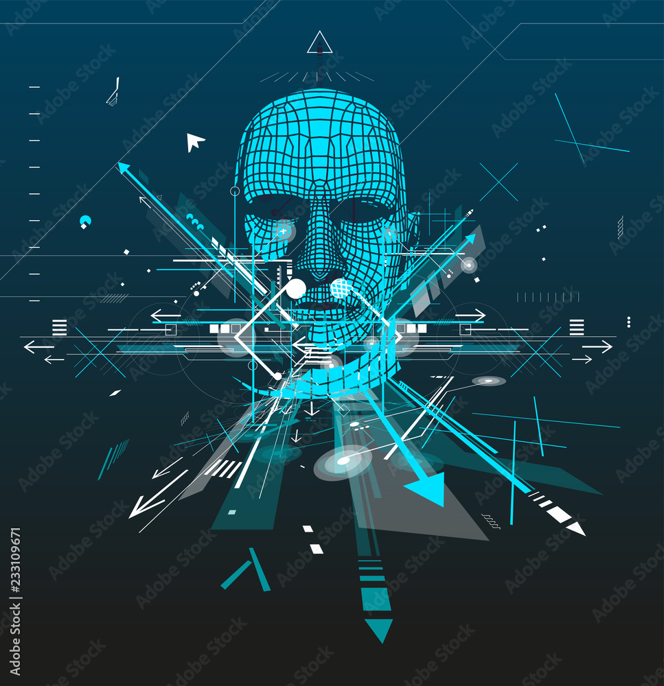 Aufkleber dynamic creative illustration. modern face art with lines and arrows. the poster with 3d man head. a