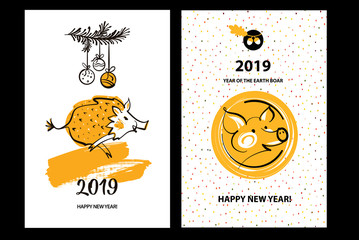 Template set of poster, flyer with silhouette Pig. Invitation greeting banner, postcard, sale, winter party event. Earth Boar symbol of Lunar Chinese New Year 2019. Vector illustration