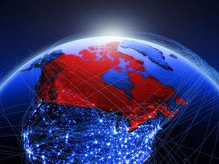 Canada on blue digital planet Earth with international network representing communication, travel and connections.
