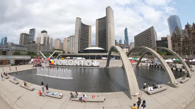 TORONTO, CANADA on August 22nd: Nathan Phillips Square in Toronto on August 22nd, 2018. Toronto is the capital city of the province of Ontario and the largest city in Canada by population.