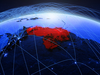 Venezuela on blue digital planet Earth with international network representing communication, travel and connections.