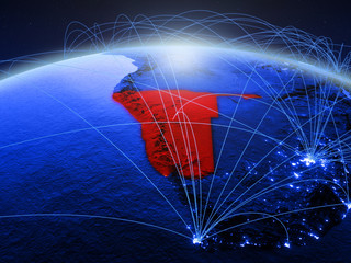 Obraz premium Namibia on blue digital planet Earth with international network representing communication, travel and connections.