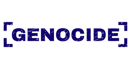 GENOCIDE text seal stamp with grunge texture. Text label is placed between corners. Blue vector rubber print of GENOCIDE with retro texture.