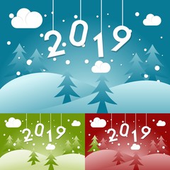 Fototapeta na wymiar Happy New Year 2019 Snow Mountain Theme Design Illustration