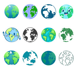 Earth planet vector global world universe and worldwide earthly universal globe illustration worldly set of earthed sphere logo with continents and ocean isolated on white background