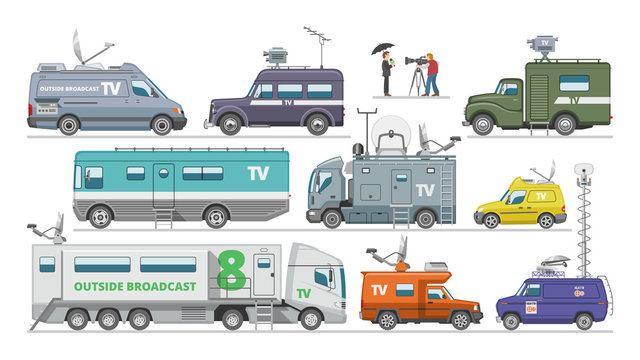 Broadcast Car Vector Tv Vehicle Broadcasting Van With Antenna Satellite Media Communication And Television Transport Illustration Set Of Breaking Live News Technology Auto Isolated On White Background