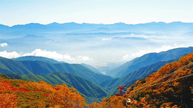 Autumn. Cable car  and view of the Southern Japanese Alps from one of the peaks in the Central Alps, Nagano Prefecture, Japan.