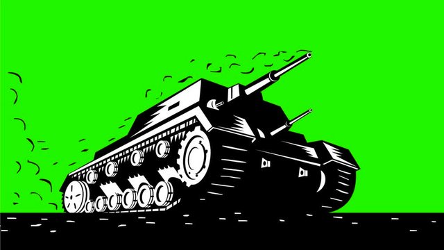 2d Animation motion graphics showing a retro style world war two battle tank speeding  on white screen and green screen in  HD high definition.