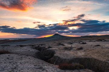 Mud volcanoes at sunset, beautiful amazing sky