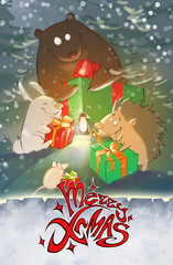 Merry christmas title illustration. Bright red elegant lettering on an abstract and original background