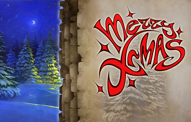 Merry christmas title illustration. Bright red elegant lettering on an abstract and original background
