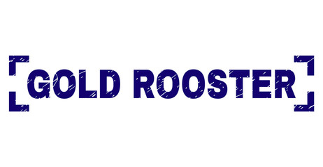 GOLD ROOSTER text seal print with distress texture. Text label is placed between corners. Blue vector rubber print of GOLD ROOSTER with unclean texture.