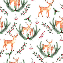 Christmas watercolor collection hand-drawn: deer bullfinch winter house pine cone flowers twigs branches berries frames wreaths seamless patterns bouquets invitations borders premade cards decor