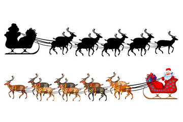 Santa Claus on a sleigh with reindeer, with a handful of gifts. Silhouette of santa claus.