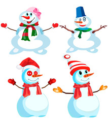 Set of four snowmen in various headdresses and in different scarves