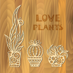 Home plants. Vector cutting templates set on a wood background