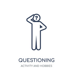 Questioning icon. Questioning linear symbol design from Activity and Hobbies collection.