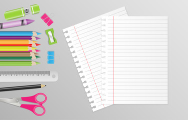 Back to school concept with school supplies and blank note paper on gray background. Vector illustration