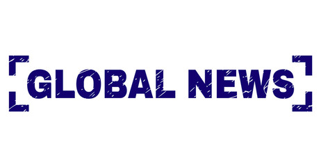 GLOBAL NEWS text seal print with corroded style. Text label is placed inside corners. Blue vector rubber print of GLOBAL NEWS with corroded texture.