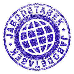 JABODETABEK stamp imprint with distress texture. Blue vector rubber seal imprint of JABODETABEK caption with dirty texture. Seal has words placed by circle and globe symbol.