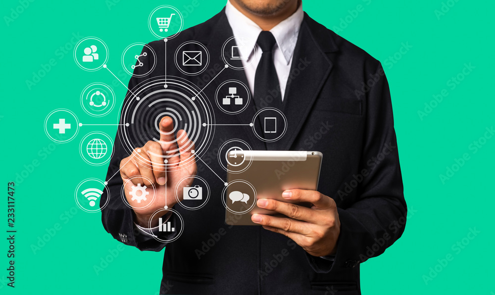 Poster data management system with businessman working with provide information for key performance indicat