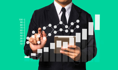 Data Management System with businessman working with provide information for Key Performance Indicators and marketing analysis virtual computer 