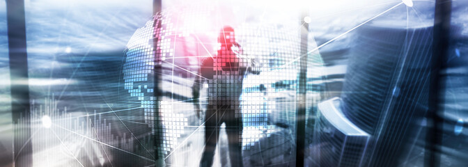 Double exposure mixed media. 3D Earth planet hologram and communication structure. World wide...