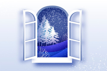 Christmas tree, under the snowfall. Merry Christmas greetings card in paper cut style. Winter season holidays. Happy New Year. Blue. Snowfall.