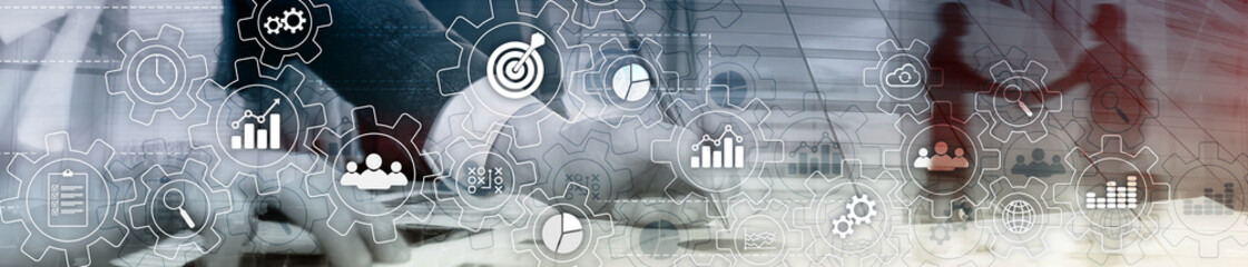 Business process abstract diagram with gears and icons. Workflow and automation technology concept. Website header banner.