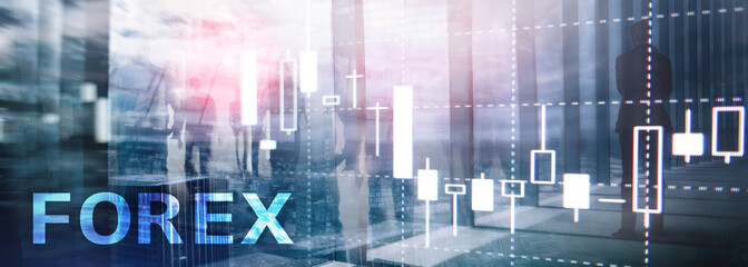 Forex trading, financial candle chart and graphs on blurred business center background.