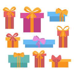 Set of different color ribbon bow on Gifts flat design vector for greeting decorate holiday merry Christmas, Happy New Year, Happy Birthday, Valentines day and Wedding ceremony.