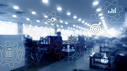 Business process automation concept. Gears and icons on abstract background.