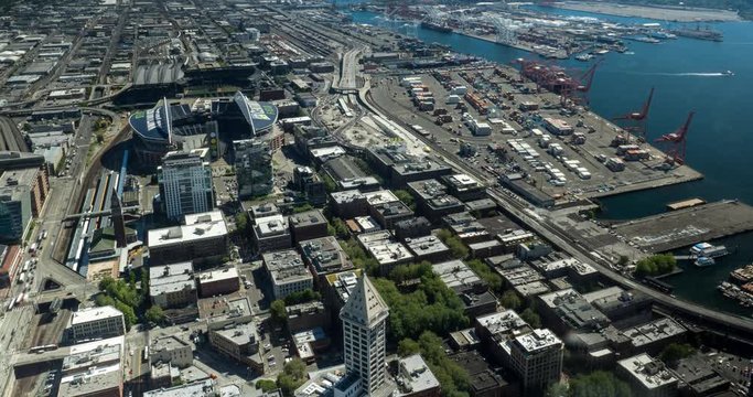 Timelapse of stadiums and port in downtown Seattle Washington