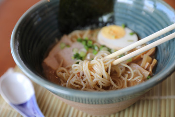 Ramen Japanese noodle soup food with noodle pork egg seaweed