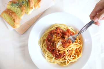 Spaghetti bolognese tomato sauce with bread , italian food