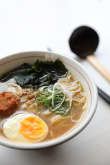 Ramen Japanese noodle soup food with noodle pork egg seaweed